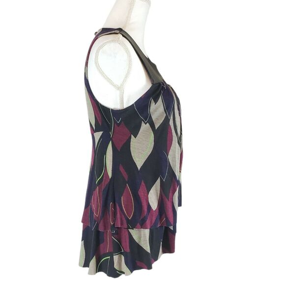 AKIKO Multicolor Sleeveless Size M Layer Blouse Top Leather Trim Open Back Tank - Picture 2 of 10